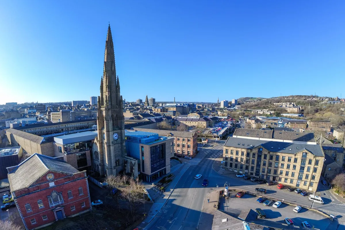 Halifax Minster and the town from above, Calderdale