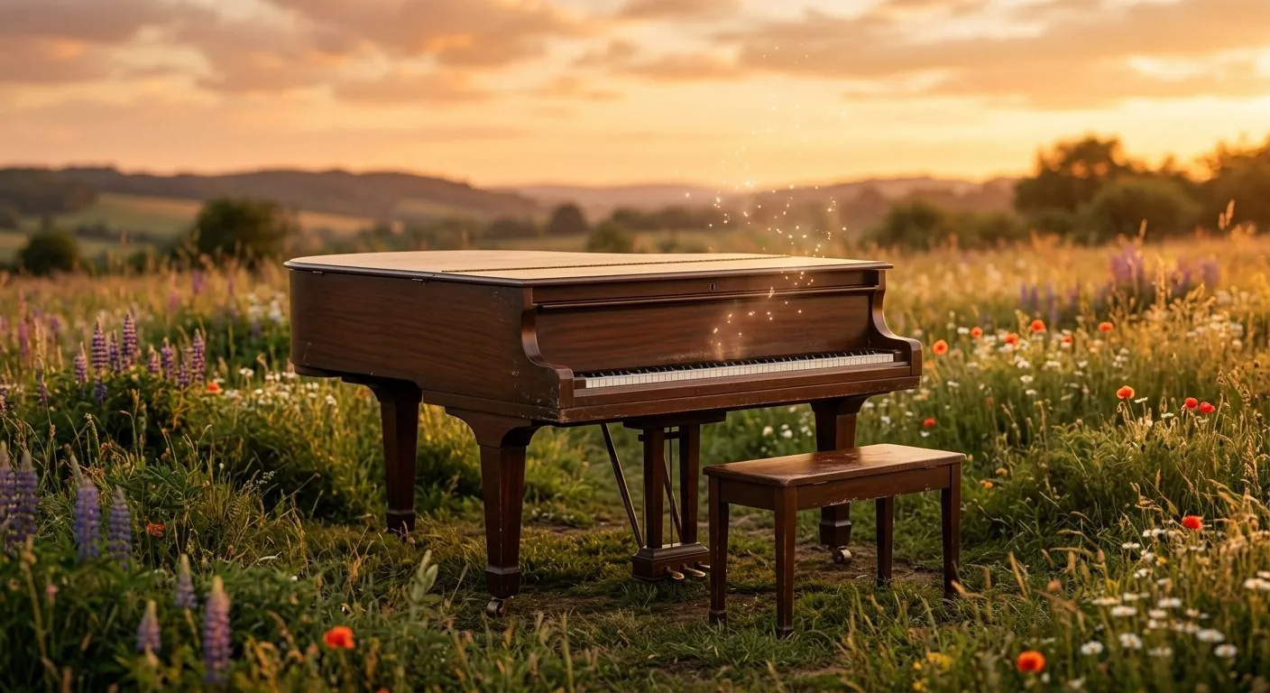 AI-generated farewell image of the same mahogany grand piano in a wildflower meadow at sunset