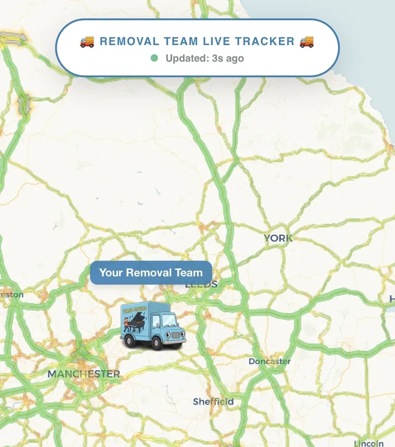 Live tracker showing the piano removal team's van heading towards the customer with an ETA