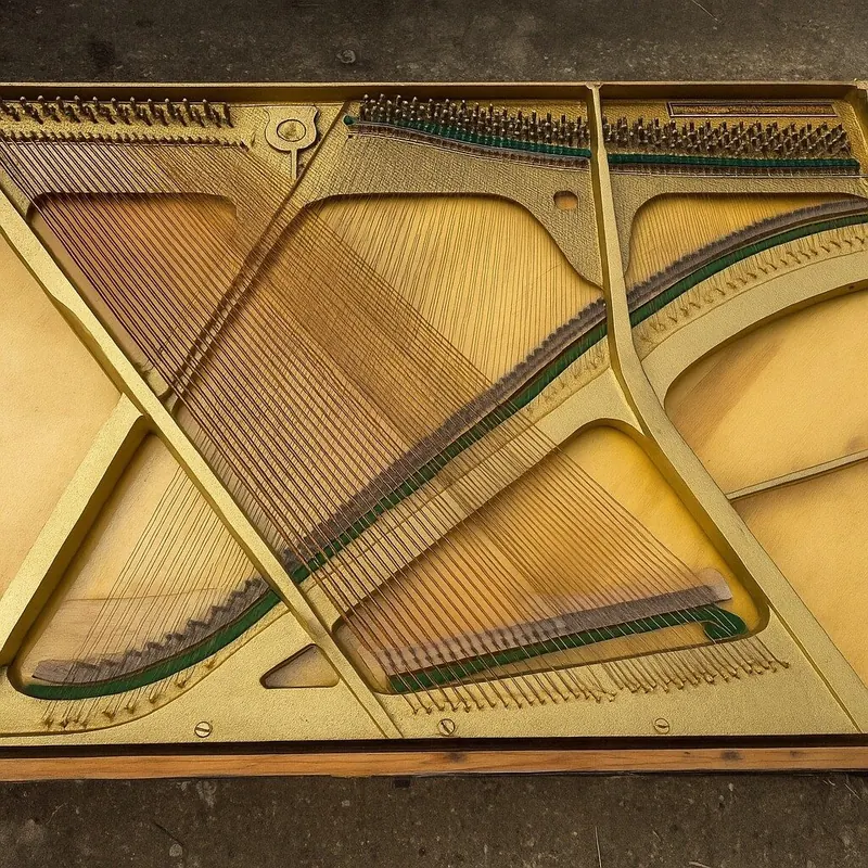 Cast-iron piano frame and soundboard ready for recycling